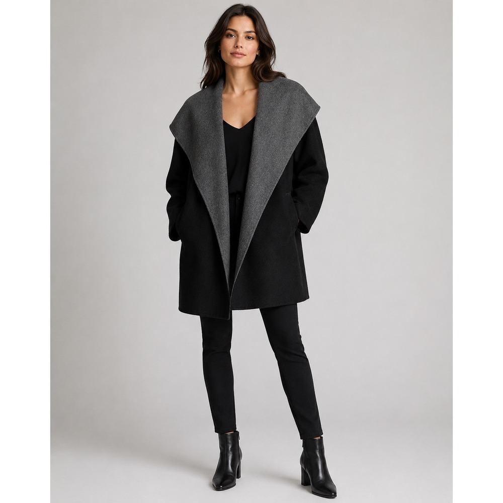 Vince Hooded Double Face Wool Coat XS Black Gray Shawl Collar Minimalist